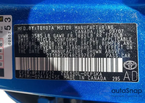 2008 Toyota Corolla S z USA, uszkodzony, nr VIN 2T1BR32E48C897687